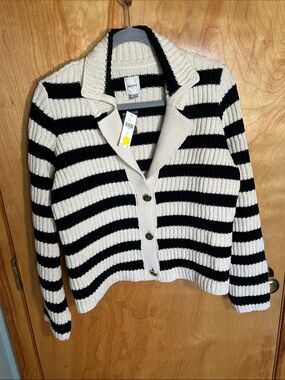Maeve, NWT, Black and White Striped Sporty Button-Up Sweater, Size Large